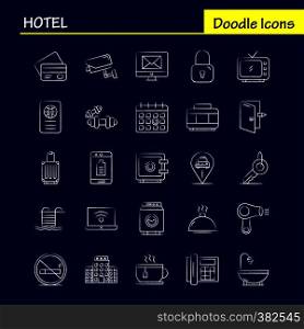 Hotel Hand Drawn Icons Set For Infographics, Mobile UX/UI Kit And Print Design. Include: Check In, Check Out, Door, Hotel, Mobile, Cell, Icon Set - Vector