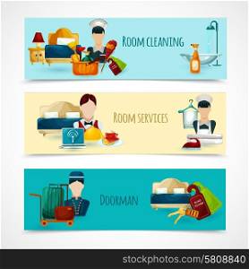 Hotel horizontal banner set with doorman and room cleaning service elements isolated vector illustration. Hotel Banner Set
