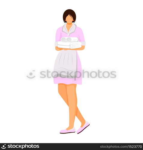 Hotel housekeeper flat color vector illustration. Maid in uniform holding folded towels. Room attendant, housekeeping worker. Cleaning service staff isolated cartoon character on white background