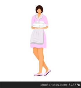 Hotel housekeeper flat color vector illustration. Maid in uniform holding folded towels. Room attendant, housekeeping worker. Cleaning service staff isolated cartoon character on white background