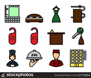 Hotel Icon Set. Editable Bold Outline With Color Fill Design. Vector Illustration.