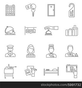Hotel Icons Line Set. Hotel icons line set with tourism staff isolated vector illustration