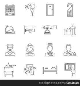 Hotel icons line set with tourism staff isolated vector illustration. Hotel Icons Line Set