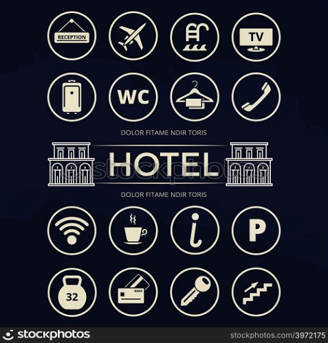 Hotel icons set and building - vector bundle for hotel. Vector illustration. Hotel icons set