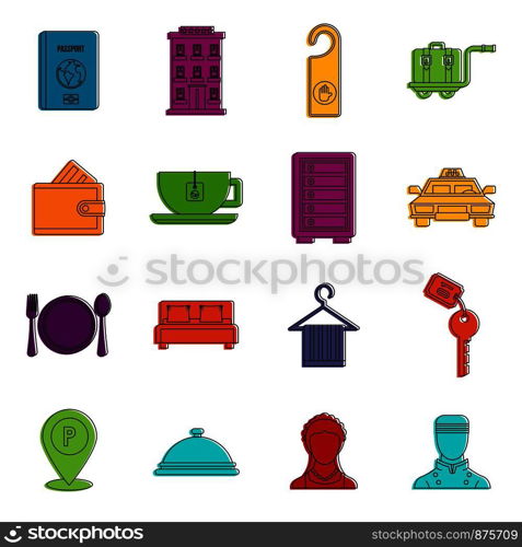 Hotel icons set. Doodle illustration of vector icons isolated on white background for any web design. Hotel icons doodle set