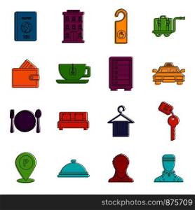 Hotel icons set. Doodle illustration of vector icons isolated on white background for any web design. Hotel icons doodle set