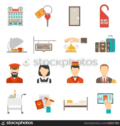 Hotel Icons Set. Hotel service flat icons set with different appliances isolated vector illustration