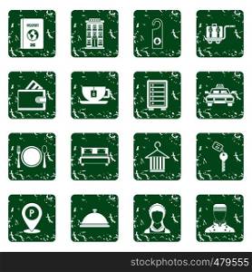 Hotel icons set in grunge style green isolated vector illustration. Hotel icons set grunge