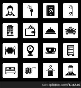 Hotel icons set in white squares on black background simple style vector illustration. Hotel icons set squares vector
