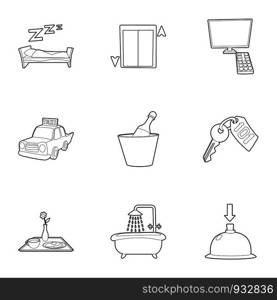 Hotel icons set. Outline set of 9 hotel vector icons for web isolated on white background. Hotel icons set, outline style