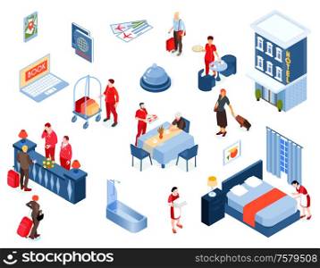 Hotel isometric color set of staff and visitors elements of interior and building from outside isolated vector illustration