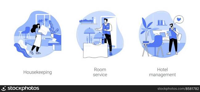 Hotel jobs isolated cartoon vector illustrations set. Housekeeper in uniform making bed in room, cleaning lady, room service, breakfast in bed, hotel management, hospitality business vector cartoon.. Hotel jobs isolated cartoon vector illustrations se