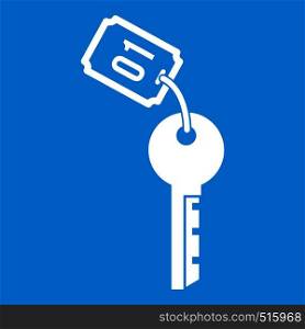 Hotel key icon white isolated on blue background vector illustration. Hotel key icon white