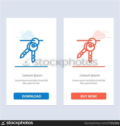Hotel, Key, Room, Keys Blue and Red Download and Buy Now web Widget Card Template
