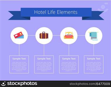Hotel Life Elements and Text Vector Illustration. Hotel life elements written on blue ribbon, with icons of cards, baggage and bed, as well as towels, with text vector illustration