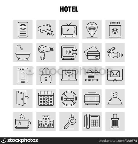 Hotel Line Icons Set For Infographics, Mobile UX/UI Kit And Print Design. Include: Check In, Check Out, Door, Hotel, Mobile, Cell, Icon Set - Vector