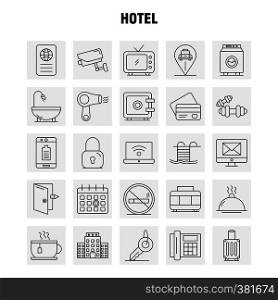 Hotel Line Icons Set For Infographics, Mobile UX/UI Kit And Print Design. Include: Check In, Check Out, Door, Hotel, Mobile, Cell, Icon Set - Vector