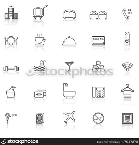 Hotel line icons with reflect on white, stock vector
