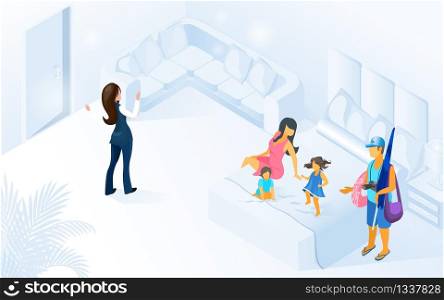 Hotel Manager Welcome Family Clients Vector Isometric Illustration. Child Friendly Resort Hotel Concept. Children Mother Father in Comfortable Modern Room Apartment Summer Vacation. Hotel Manager Welcome Family Clients Illustration