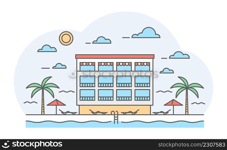 Hotel near the sea with water pool and palms. Resort and spa building. Vector illustration. Hotel near the sea with water pool and palms. Resort and spa building. Vector illustration.