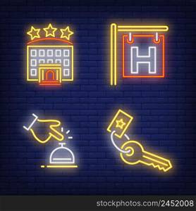Hotel neon sign set. Signboard, bell, key, hotel building with three stars. Colorful billboard, bright banner. Vector illustration in neon style for voyage, trip, vacation