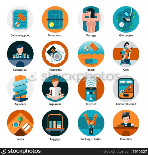 Hotel Offers Icons Set . Hotel offers and facilities round icons set with sports recreation and health care flat isolated vector illustration