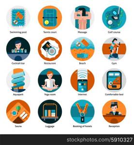 Hotel Offers Icons Set . Hotel offers and facilities round icons set with sports recreation and health care flat isolated vector illustration