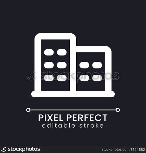 Hotel pixel perfect white linear ui icon for dark theme. Providing lodging. Paid service. Vector line pictogram. Isolated user interface symbol for night mode. Editable stroke. Poppins font used. Hotel pixel perfect white linear ui icon for dark theme