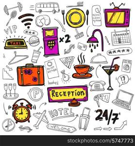 Hotel premium full service concept symbols of restaurant catering 24h tv facilities abstract doodle sketch vector illustration