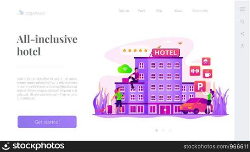 Hotel ranking. Vacation package. Tourist accommodation. Hotel facilities. All-inclusive hotel, luxury hospitality resort, all included service concept. Website homepage header landing web page template.. All-inclusive hotel landing page template