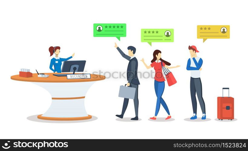 Hotel rating semi flat RGB color vector illustration. Customer, client feedback. Customers at reception desk. Quality assessment. Ranking. Review concept. Isolated cartoon character on white