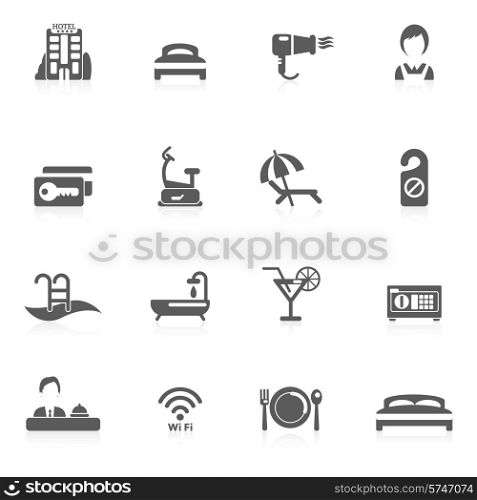 Hotel reception and room vacation accommodation icon black set isolated vector illustration