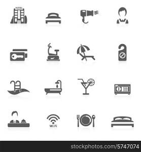 Hotel reception and room vacation accommodation icon black set isolated vector illustration