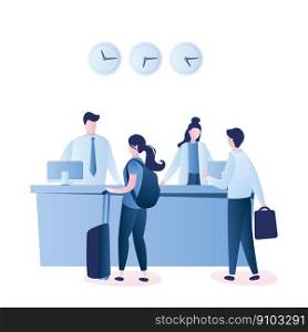 Hotel reception and travellers talking with receptionists.Indoors interior. Male and female characters in trendy style,vector illustration