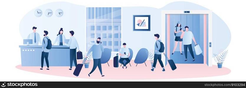 Hotel reception desk,interior with furniture,people receptionists and travellers with luggage.People in elevator with open doors. Male and female characters in trendy style,vector illustration