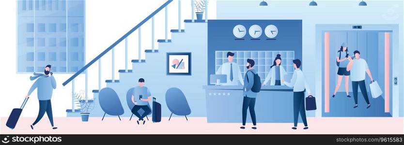 Hotel reception desk,interior with furniture,people receptionists and travellers with luggage. Staircase and window, people in elevator with open doors. Characters and elements in trendy style,vector