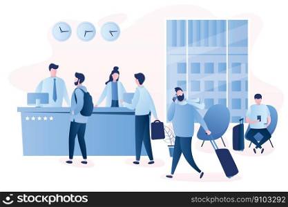 Hotel reception desk,interior with furniture,people receptionists and travellers with luggage,male and female characters in trendy style,vector illustration