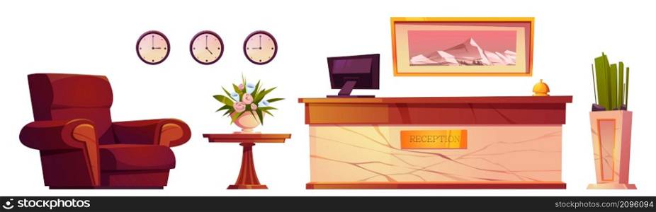 Hotel reception furniture and items. Modern desk with computer and bell, table, flower vase, armchair, clocks and picture on wall. Inn foyer, hall or lobby interior objects Cartoon vector set, clipart. Hotel reception furniture and items isolated set