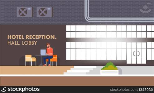 Hotel Reception Hall and Entrance Inside. Young Smiling Man Hipster Sitting in Comfort Armchair Lobby Lounge Interior and Working at Table on Laptop. Horizontal Banner or Landing Page.. Hotel Reception Hall. Lobby Interior Area Banner