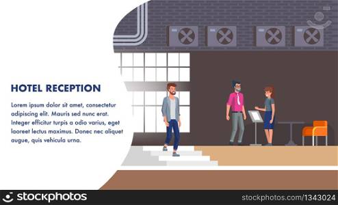 Hotel Reception Illustration. Client Booking Check at Stand. Young Client Talking with Manager about Accomodation Registration. Woman Assistant Help Guest Customer with Checkout. Travel Operator.. Hotel Reception Illustration. Client Booking Check