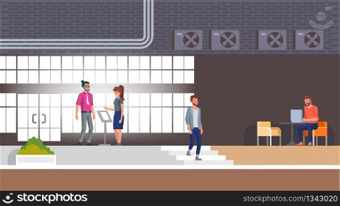 Hotel Reception Interior Illustration with People. Comfort Lobby Area with Young Bearded Hipster in Armchair Working on Laptop. Concierge at Reception Stand Check Tourist Customer Registry.. Hotel Reception and Lobby Interior with Character