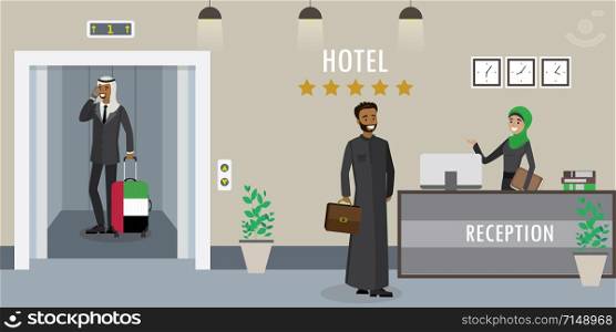 Hotel reception interior.Young arabic woman receptionist in hijab.Muslim businessman stands at reception desk and arab man in elevator. Travel, hospitality, hotel booking concept.Cartoon flat vector illustration. Hotel reception interior.Young arabic woman receptionist in hija