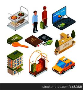 Hotel reception, isometric set of motel services illustrations. Baggage and lobby motel, concierge and customer vector. Hotel reception, isometric set of motel services illustrations