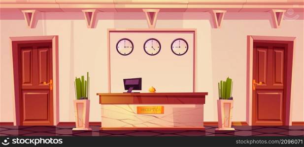 Hotel reception with computer and bell on marble desk, flower vases, clocks on wall. Modern Inn foyer, hall or lobby with wooden doors. Tourism, business trip concept. Cartoon vector illustration. Hotel reception with computer and bell on desk