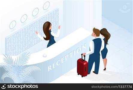 Hotel Reception Woman Receptionist at Counter Welcome Couple Man Woman with Suitcase at Modern Hotel Lobby. Manager Assistant Help Tourist. Vacation Travel Room Reservation Service. Receptionist at Hotel Reception Welcome Couple