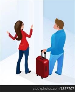 Hotel Reception Woman Receptionist Welcome Tourist with Suitcase Modern Hotel Lobby Vector Isometric Illustration. Vacation Business Trip Travel Room Reservation Service Assistant Manager Help. Woman Receptionist Welcome Tourist with Suitcase