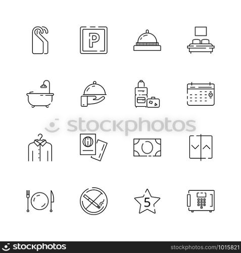 Hotel related icons. Parking restaurant separated bed wifi free tv hotel signs vector thin line. Hotel and free wifi, bed and travel icon illustration. Hotel related icons. Parking restaurant separated bed wifi free tv hotel signs vector thin line