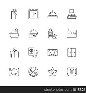 Hotel related icons. Parking restaurant separated bed wifi free tv hotel signs vector thin line. Hotel and free wifi, bed and travel icon illustration. Hotel related icons. Parking restaurant separated bed wifi free tv hotel signs vector thin line