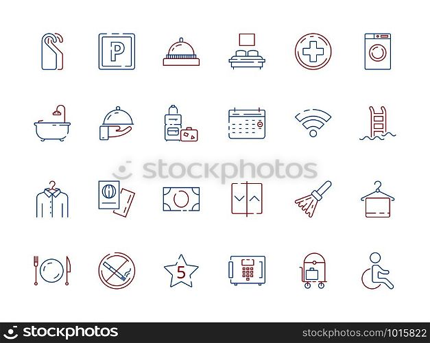 Hotel related symbols. Bathroom hospital travel places spa breakfast area toilet wifi zone hotel colored vector icon. Illustration of hotel symbol service, toilet and wifi. Hotel related symbols. Bathroom hospital travel places spa breakfast area toilet wifi zone hotel colored vector icon