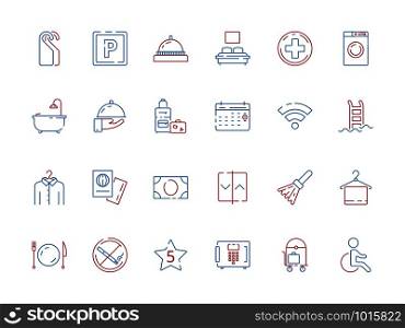 Hotel related symbols. Bathroom hospital travel places spa breakfast area toilet wifi zone hotel colored vector icon. Illustration of hotel symbol service, toilet and wifi. Hotel related symbols. Bathroom hospital travel places spa breakfast area toilet wifi zone hotel colored vector icon